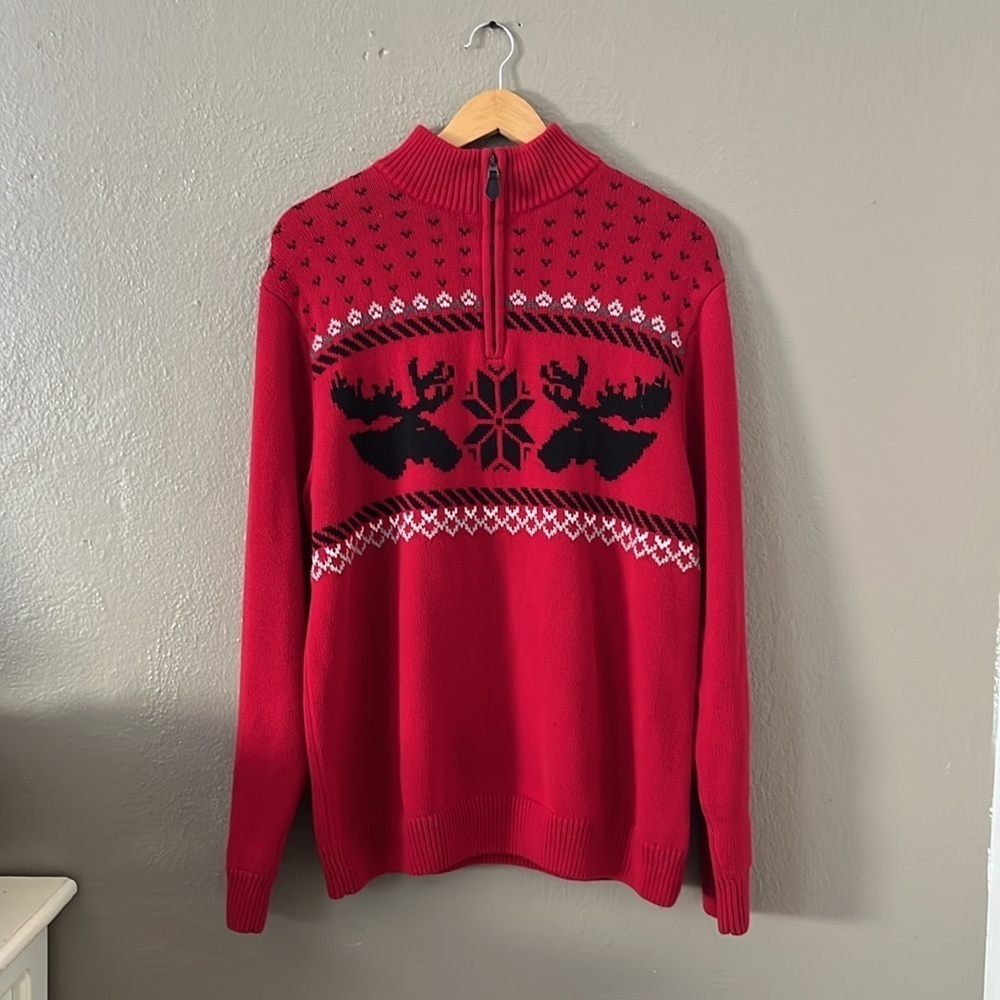 Vintage 90s Chaps Moose Nordic Sweater Men’s L Red 1/4 Zip 100% Cotton - Picture 13 of 15